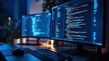 Two computer screens displaying lines of code.  Modern workspace at night