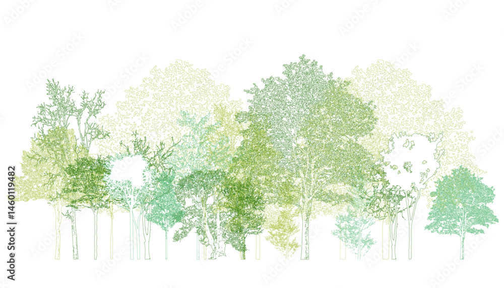 Poster architectural drawings, minimal style cad tree line drawing, side view, set of section wildlife fore
