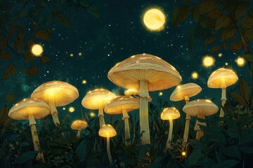 Fototapeta premium Glow mushrooms in a starlit forest