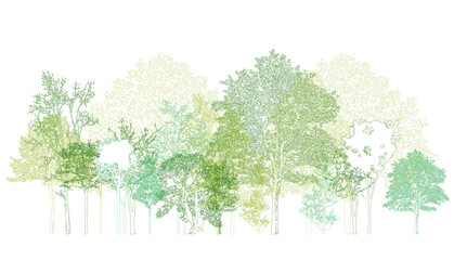 Architectural Drawings, Minimal style cad tree line drawing, Side view, set of section wildlife forest outline symbol for landscape design drawing. Vector illustration in stroke fill in white.