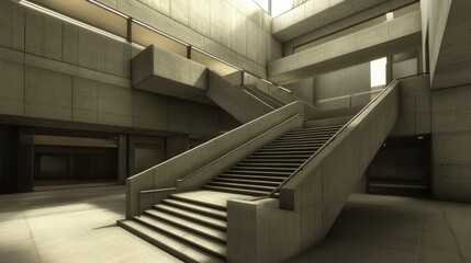 Fototapeta premium Concrete stairway in a modern, minimalist building interior. Possible use Stock photo for architecture, design, or industrial backgrounds