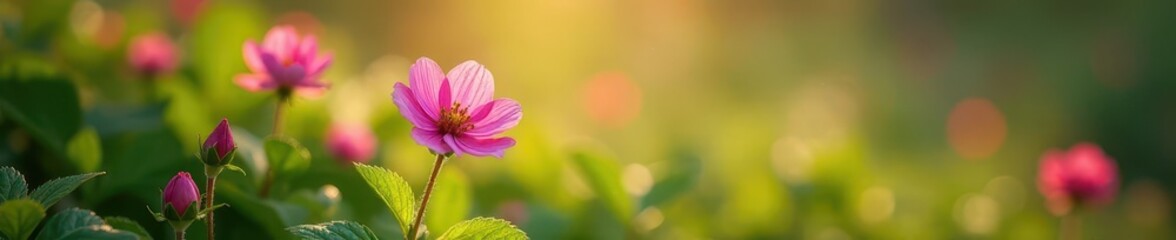 Obraz premium Tiny pink flower blooms, sunlight dappling petals in hidden garden spot , peaceful, spring