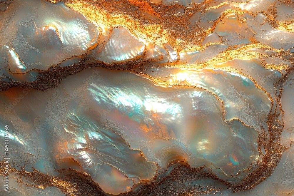 Poster detailed close-up view of iridescent seashell texture.