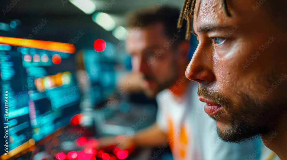 Poster close-up of a focused male programmer in a dimly lit workspace with glowing monitors displaying code
