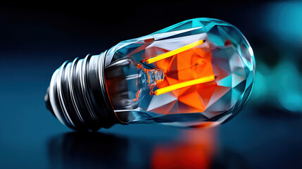 Close-up of a modern crystal-style LED light bulb on a glossy surface with vibrant reflections