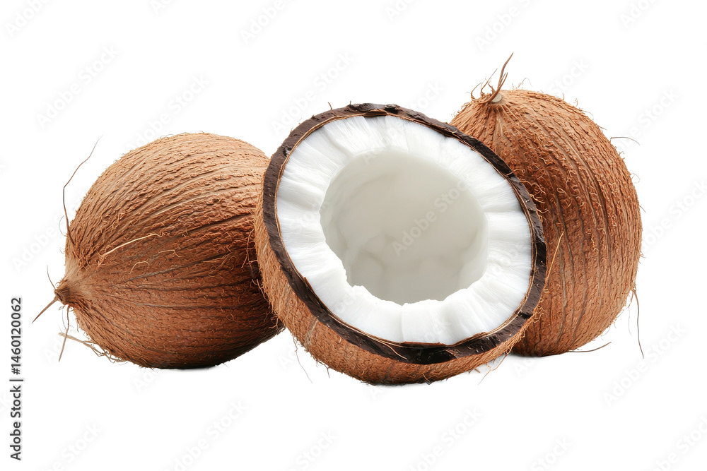Poster a close up shot of two whole coconuts and one halved coconut on a black background close to each oth