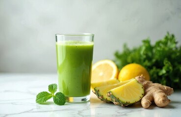 Fototapeta premium Healthy green detox juice with kale lemon ginger mint. Fresh smoothie drink rich in vitamins, antioxidants, boost immunity. Health food concept, good for cleanse, dieting. Top view glass juice,