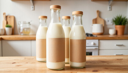 Fresh milk bottles on wooden kitchen table , mockup