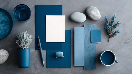 Overhead shot of blue themed stationery and decorative objects on a gray surface