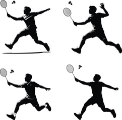 Set of Badminton Player Silhouette Doing Jump Smash – Side View Full Body Vector on White Background