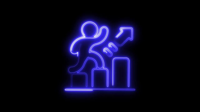 Animated neon style man climbing graph bars to an arrow representing business growth