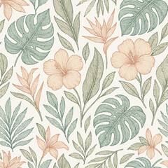 Seamless pattern of hand-drawn tropical botanical leaves and exotic flowers, vector style, suitable for wallpaper and fabric design