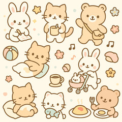 Seamless pattern of kawaii-style animal characters for kids fabric and stationery