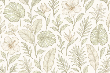 Hand-drawn tropical botanical leaves and exotic flowers, intricate line art for wallpaper and fabric design