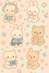 Kawaii-style animal characters, pastel background, Japanese pop style, soft outlines, suitable for kids fabric and stationery