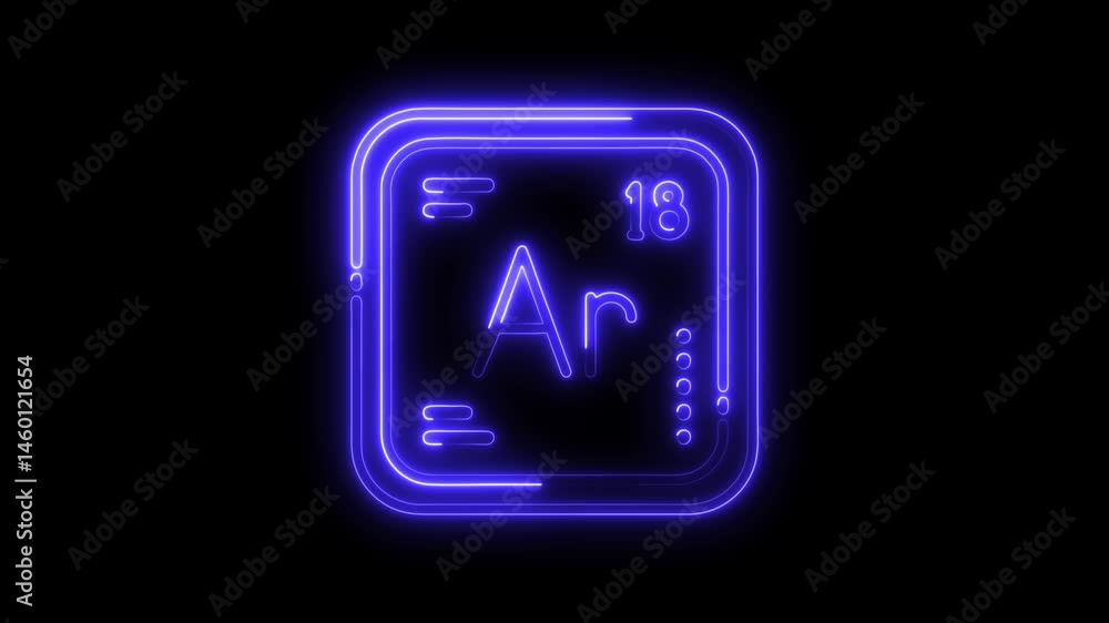 Poster neon style periodic table element argon animation on black background for scientific applications