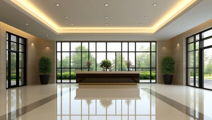 Modern lobby with large windows and polished floors