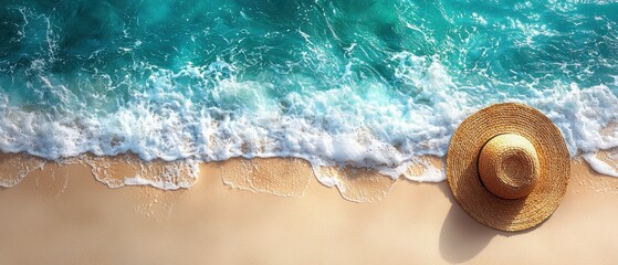 Soft waves caress the sandy shore, a straw hat rests nearby, capturing a tranquil beach scene