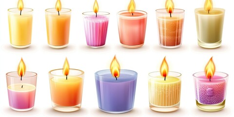 A Collection of Colorful Scented Candles in Various Glass Holders:  A Delightful Array of  Aromatic Home Decor