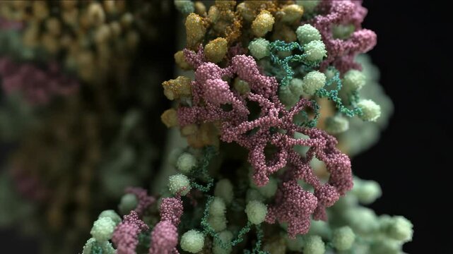 Detailed animated render of protein structure with pink, green, and beige colored atoms interconnected. 3D medical representation.