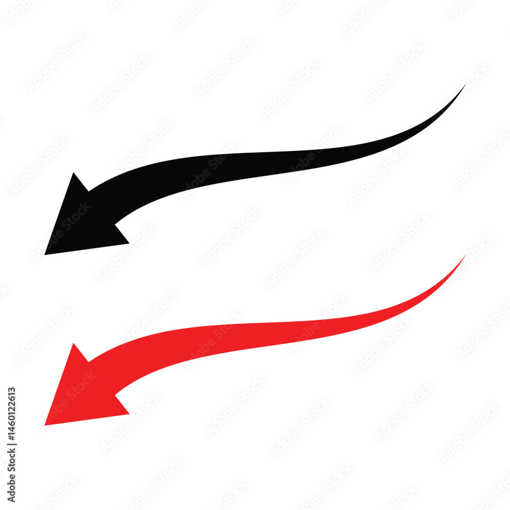 Poster red and black single headed curve arrow isolated on white. black and red single headed curve arrow i