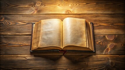 Obraz premium An aged, open book lies on a rustic wooden surface, illuminated by a warm glow, inviting the reader to explore its contents.