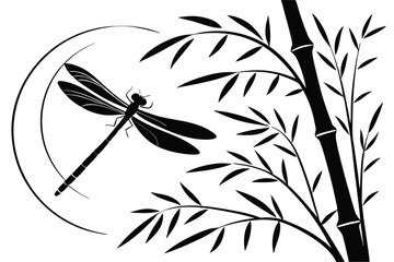 84 Black and white illustration, silhouette of dragonfly, bamboo stalk, bamboo leaves, minimalist design, high contrast, elegant composition, Asian-inspired art, nature motif, zen aesthetic, ink drawi