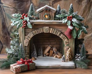 Wooden table top fireplace christmas decor, reflecting subtle refinement