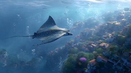 Fototapeta premium Majestic Stingray Gliding Over Sunken City Underwater Fantasy Art