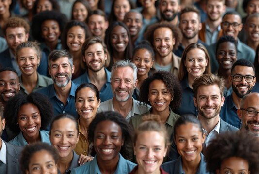 Large group diverse multiethnic people smiling at camera. Business team, corporate colleagues, diverse mix race happy people. Modern society, community. Success, career, support, teamwork.