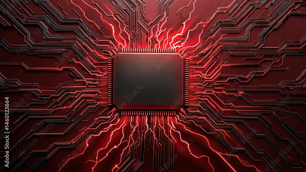 Poster striking electronics design vibrant circuit board technology with central processor and glowing red