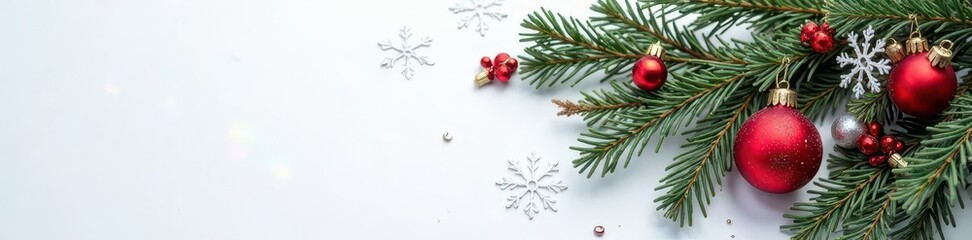 Red & silver ornaments, evergreen, snowflakes on white , christmas, detail, holiday