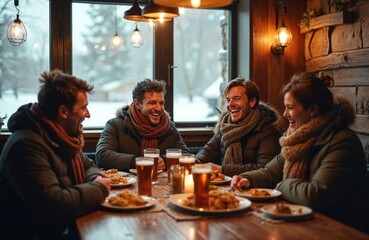 Group of friends enjoying winter day at pub. Smiling people eat snacks, drink beer. Happy friends laughing, talking. Winter, holiday season. Bar interior, cozy atmosphere. Friendly team together at