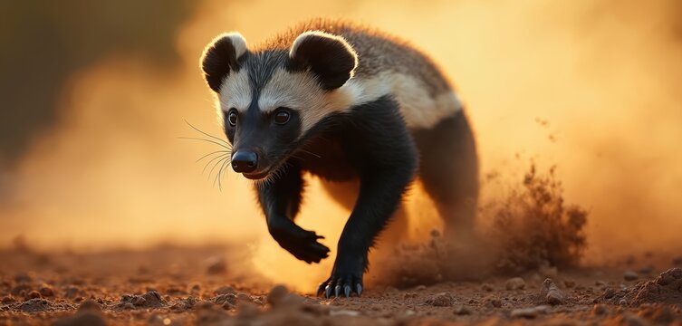 Honey badger runs fast through dry desert sand. Strong, fearless mammal with black white fur. Wild animal, fighting or escaping. Golden sunset sun rays. Nature environment. - Powered by Adobe