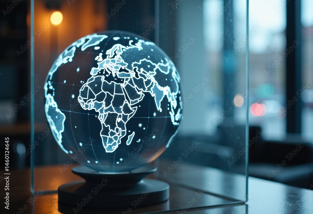 Poster illuminated digital globe displaying world map in a modern indoor setting