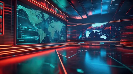 Futuristic surveillance control room with interactive global maps and data displays