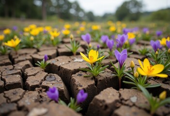 Bright yellow and purple flowers bloom amidst cracked dry soil in a natural landscape
