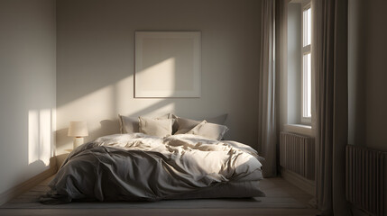 Serene Minimalist Bedroom Design Sunlight, Neutral Tones, and Simple Elegance