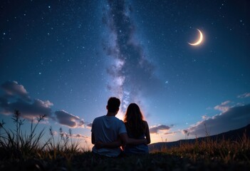 Fototapeta premium Two people sit together on a grassy hill under a starry night sky with a crescent moon and the Milky Way galaxy
