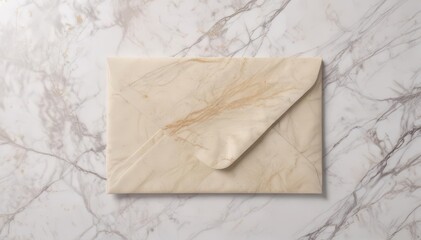 A simple beige envelope rests on a cool, white marble surface , modern, announcement, craft