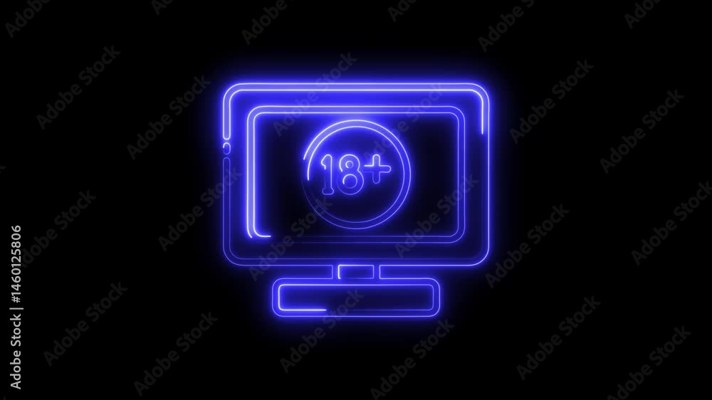 Aufkleber glowing neon style 18 plus content restriction symbol on a computer monitor