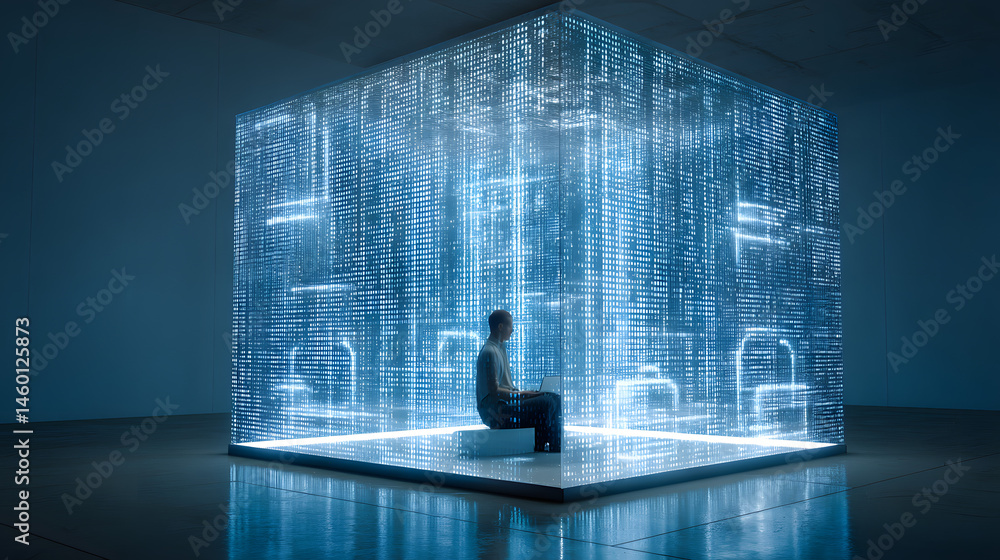 Poster man contemplating within a digital cube a visual metaphor for modern life