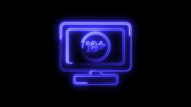 Glowing neon style 18 plus content restriction symbol on a computer monitor