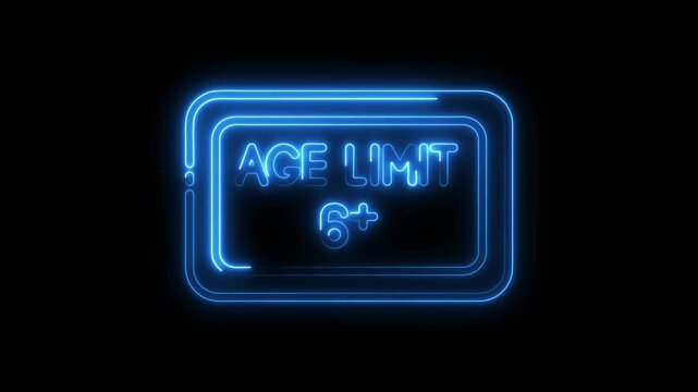 Neon age limit six plus sign glowing on black background animation