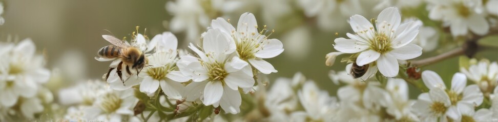 Obraz premium Busy bees gather nectar, pollen dusting their legs from delicate white blossoms , beautiful, pollen