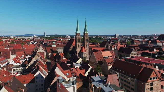 Aerial drone view of St. Sebald Church (Sebalduskirche) in N&uuml;rnberg, Germany