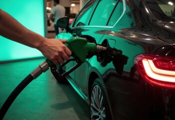 A person refueling a black car with green fuel nozzle at a gas station