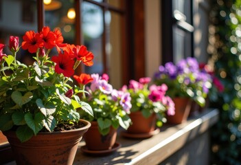 Fototapeta premium Vibrant flowers in pots brighten a sunny windowsill