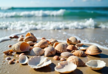 Beautiful seashells scattered on a sandy beach with gentle waves