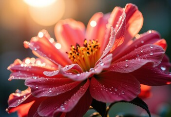 Close-up of a vibrant pink flower with water droplets glistening in sunlight